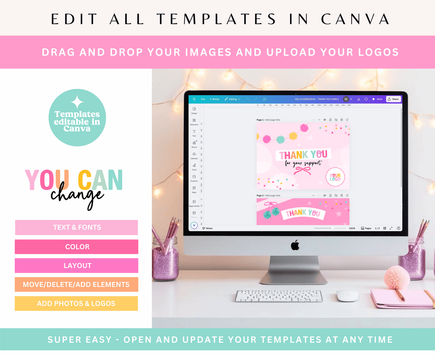 Pink Hello Gorgeous Thank You Card Template