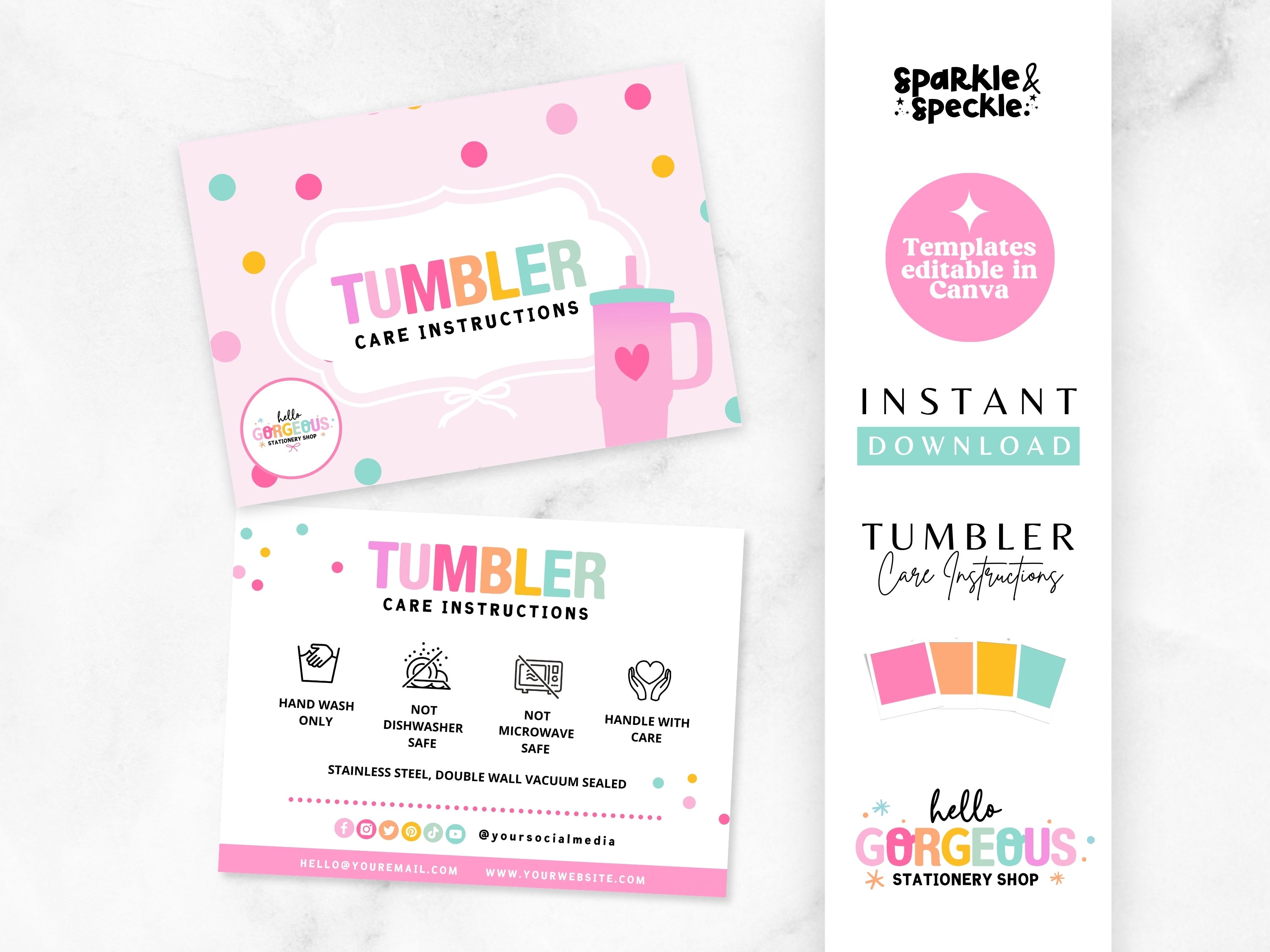 Colorful Tumbler Care Instructions Card Template