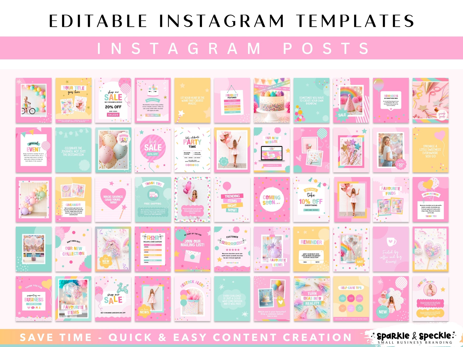 Preview of colorful Canva Instagram post templates displayed together as a cohesive Instagram feed for party businesses. Features professionally designed marketing graphics, promotional posts, customer testimonials, product showcases, announcements, event advertising, and branded content for balloon businesses and celebration brands.