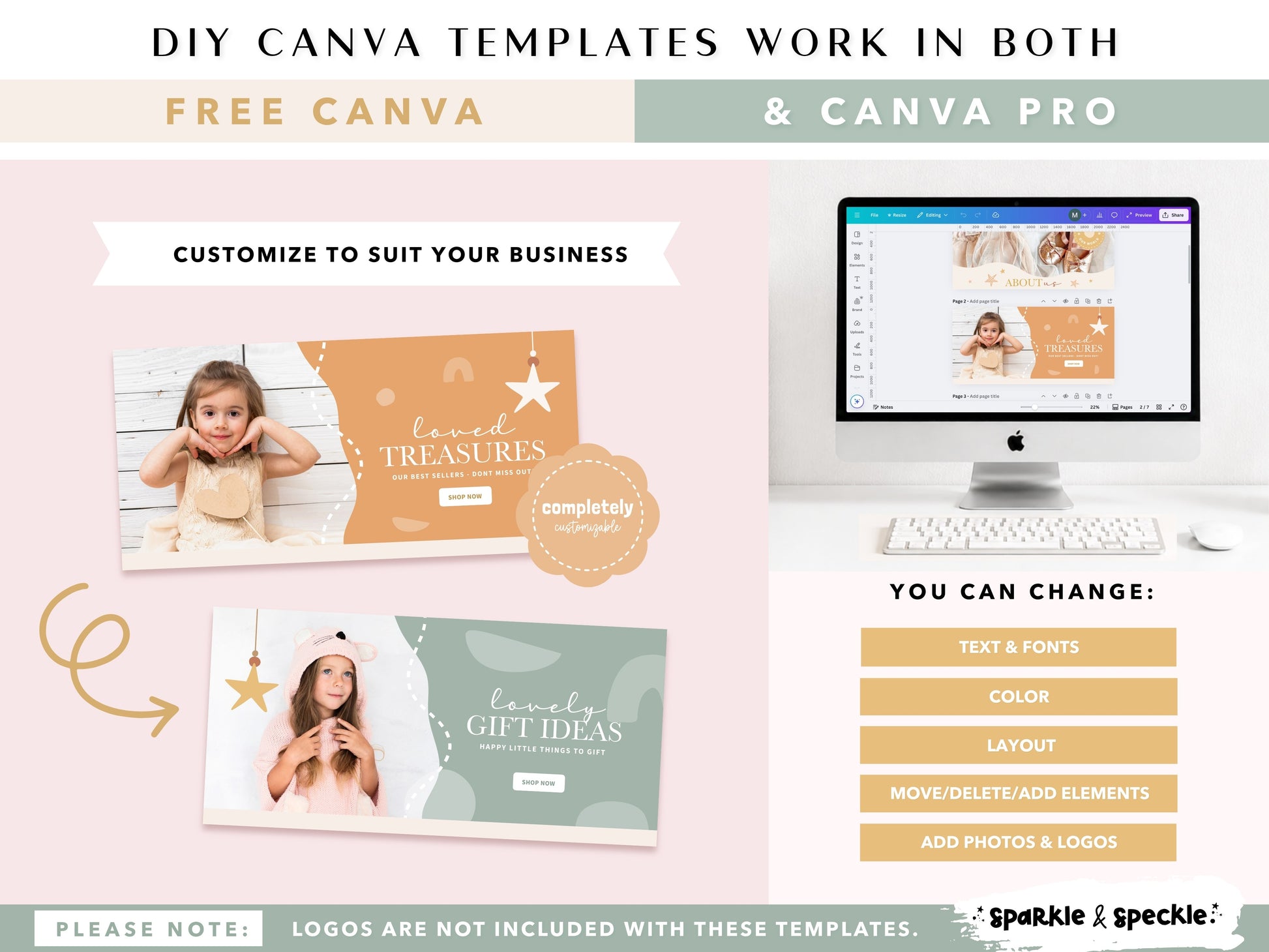 Before and after examples of editable Canva website banners showing how colors, fonts, photos, graphics, and branding can be customized for your kids business. Compatible with Canva Free and Canva Pro