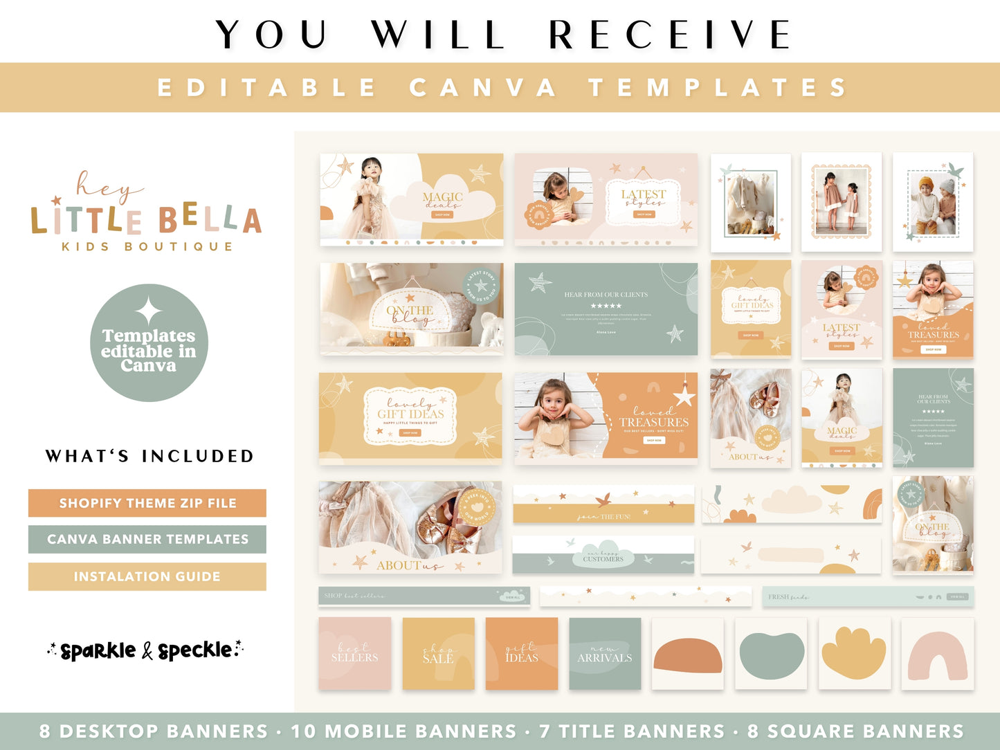 Collection of  Shopify banner Canva templates for a kids boutique with branding elements.
