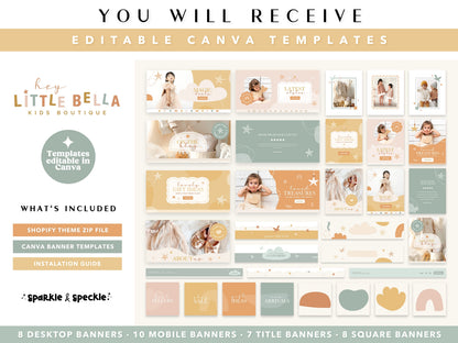 Collection of  Shopify banner Canva templates for a kids boutique with branding elements.