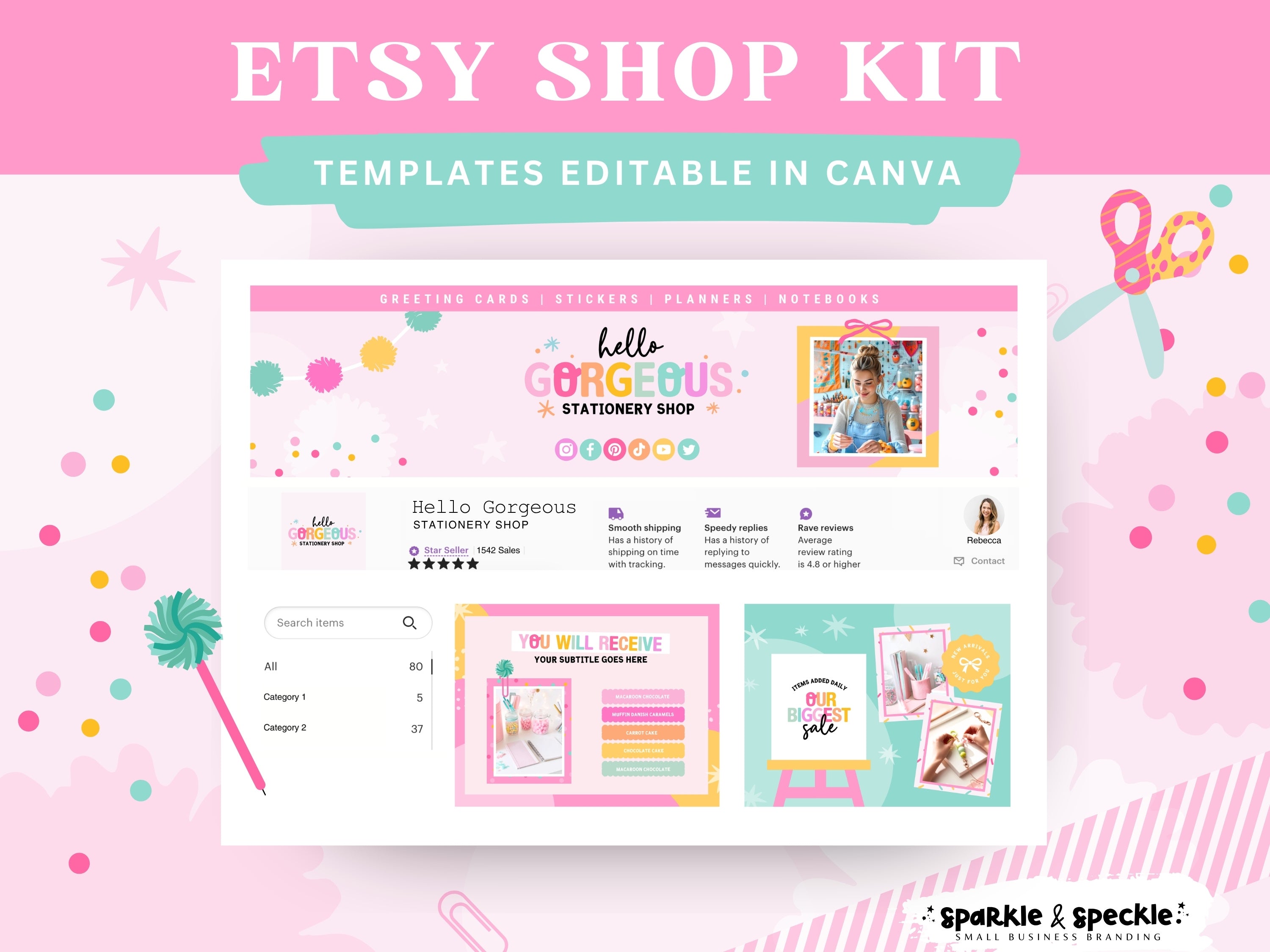 Craft Etsy Shop Kit with colorful Canva templates for handmade businesses featuring editable Etsy banners, listing templates, and cohesive shop branding.