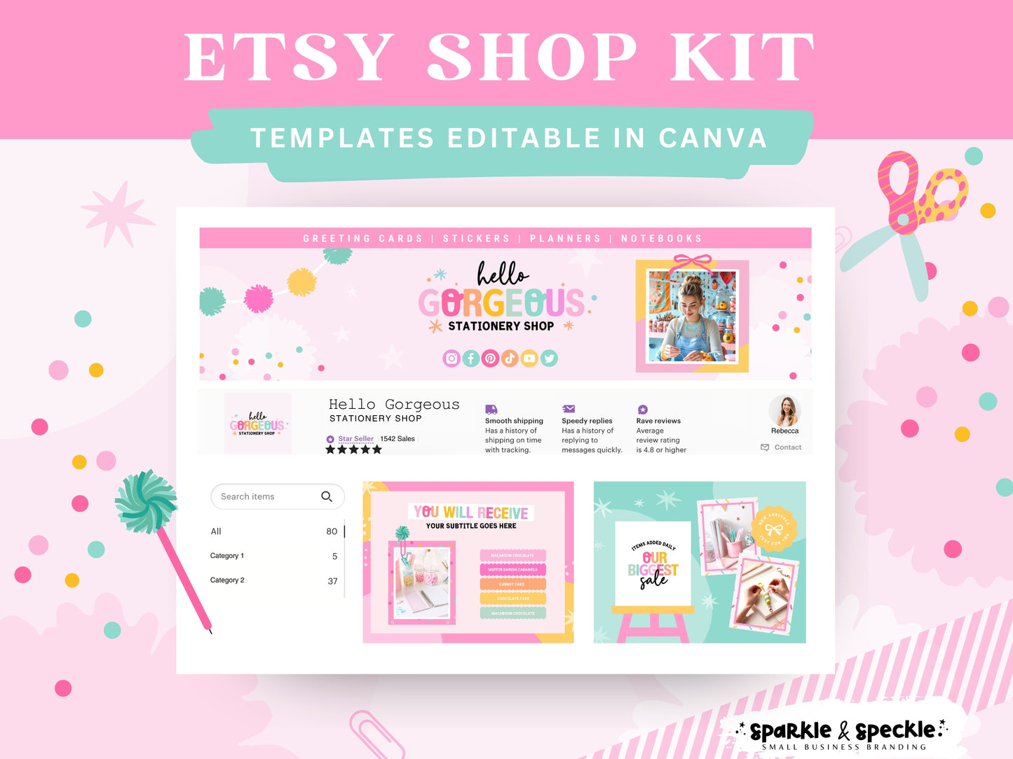 Craft Etsy Shop Kit with colorful Canva templates for handmade businesses featuring editable Etsy banners, listing templates, and cohesive shop branding.