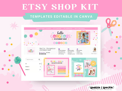 Craft Etsy Shop Kit with colorful Canva templates for handmade businesses featuring editable Etsy banners, listing templates, and cohesive shop branding.