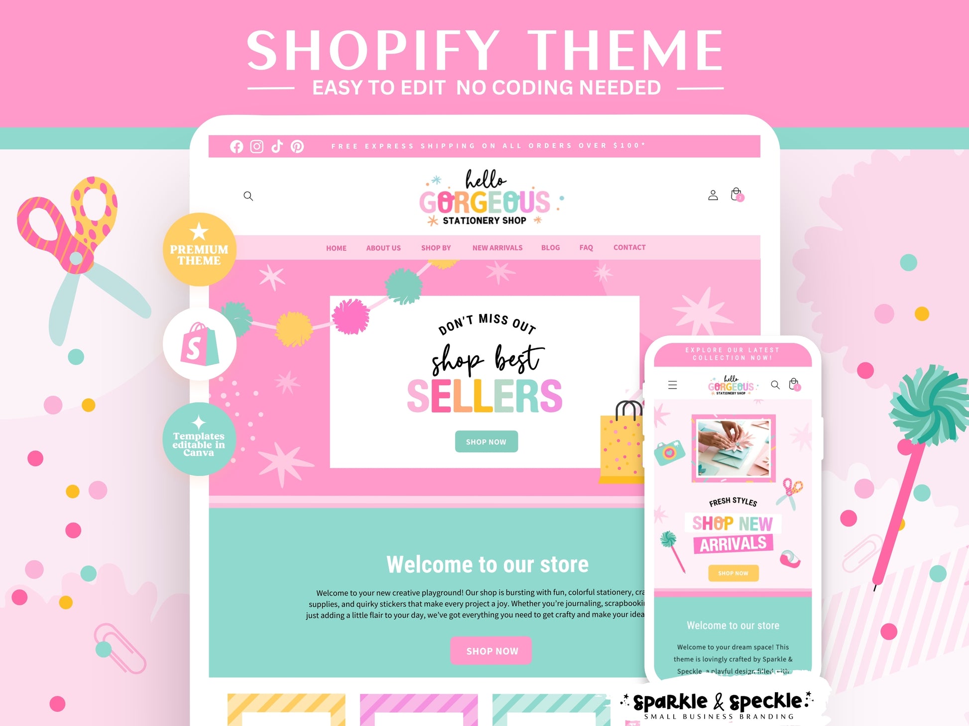 Craft Shopify Theme homepage design with a pink and teal color scheme. The design includes a website and mobile phone display, with the text "Shopify Theme" at the top. It's with bright colors, playful patterns and cute craft elements.