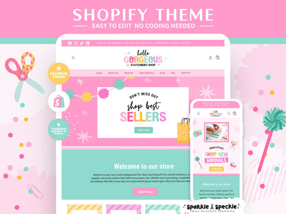 Craft Shopify Theme homepage design with a pink and teal color scheme. The design includes a website and mobile phone display, with the text "Shopify Theme" at the top. It's with bright colors, playful patterns and cute craft elements.