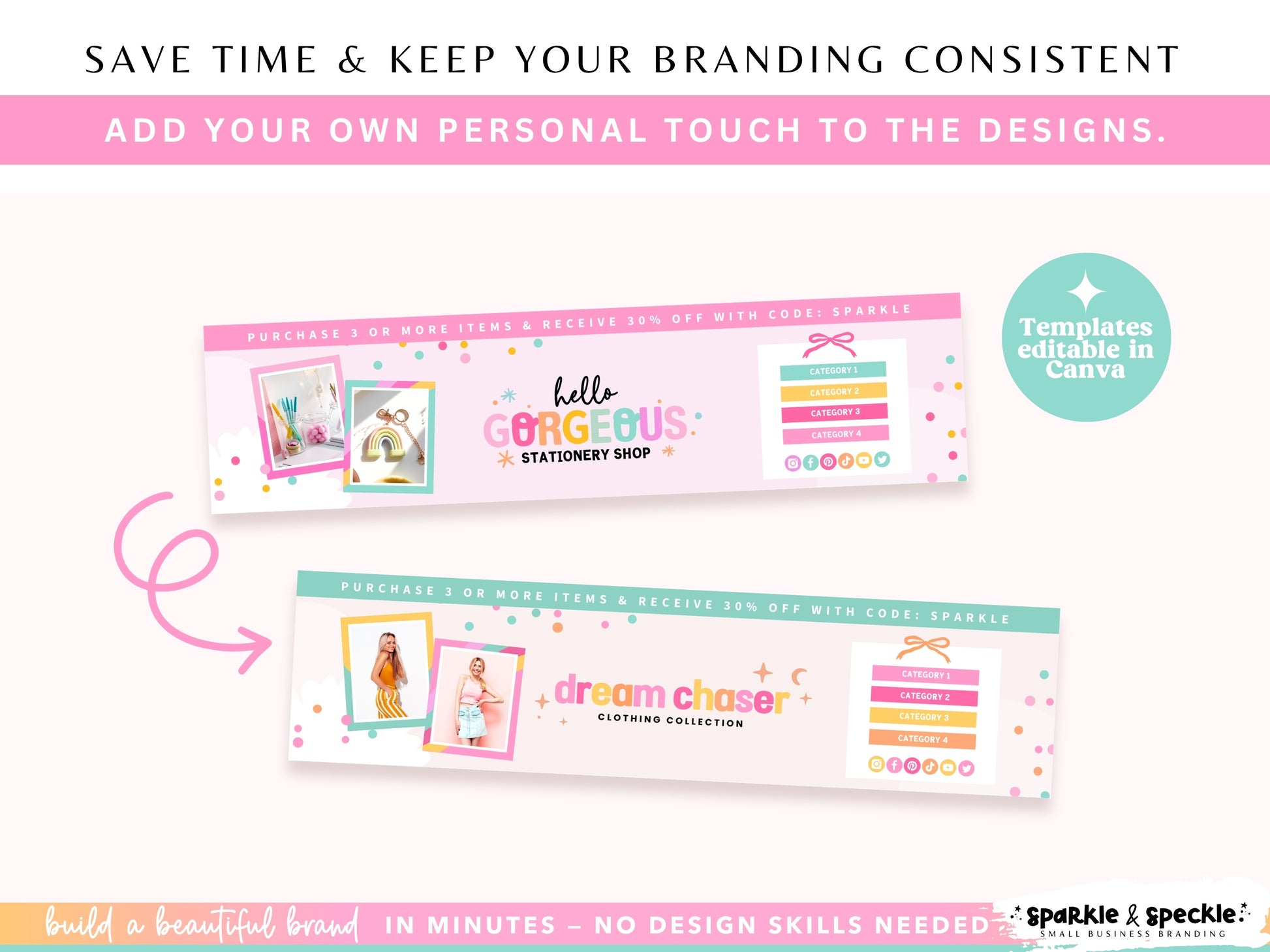 Customize Craft Etsy Shop Kit templates in Canva by changing colors, fonts, photos, graphics, layouts, and text for your handmade business.