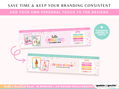 Customize Craft Etsy Shop Kit templates in Canva by changing colors, fonts, photos, graphics, layouts, and text for your handmade business.
