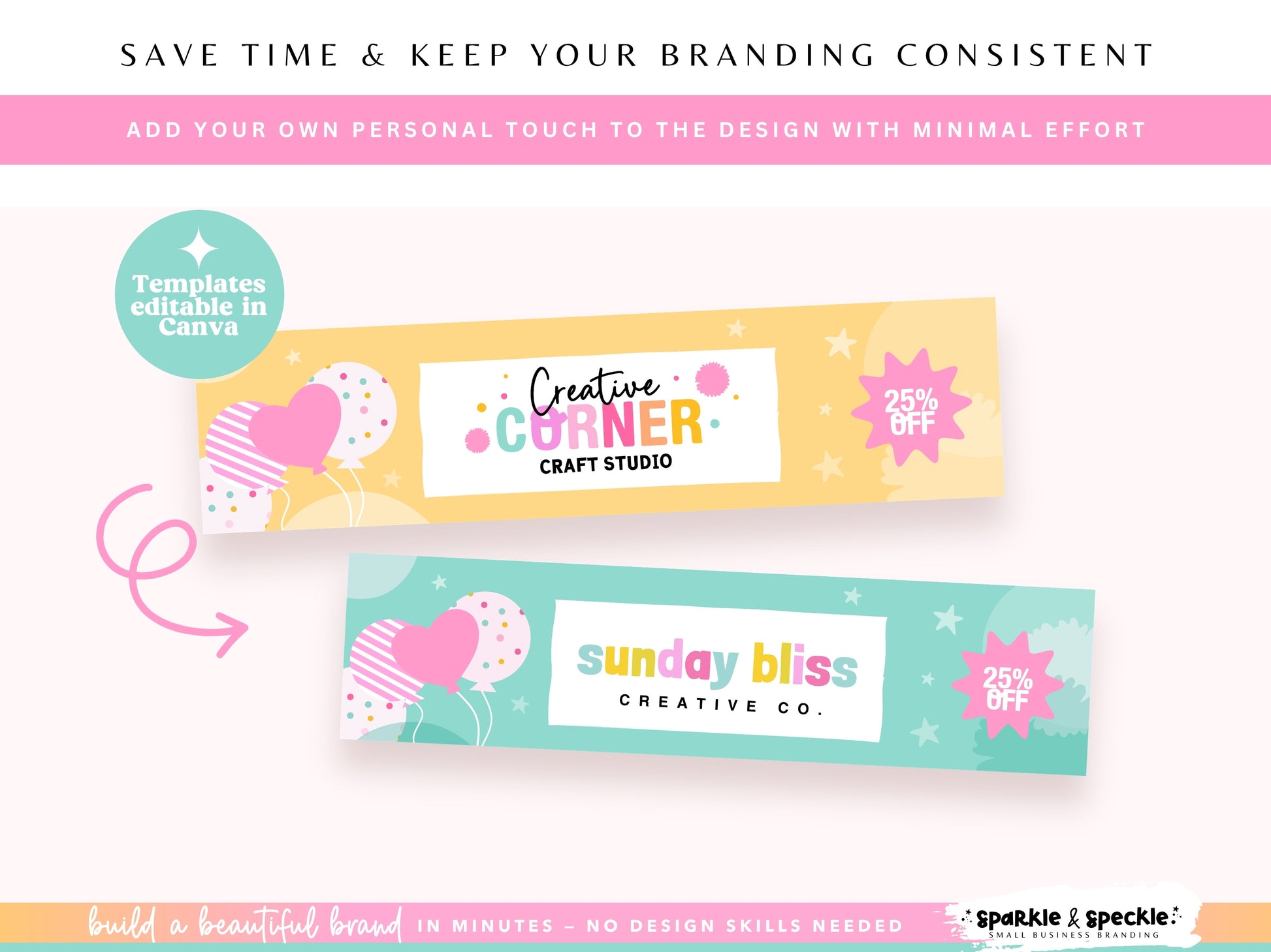Customize Party Etsy Shop Kit templates by changing colors, fonts, photos, graphics, layouts, and text in Canva for your balloon business.