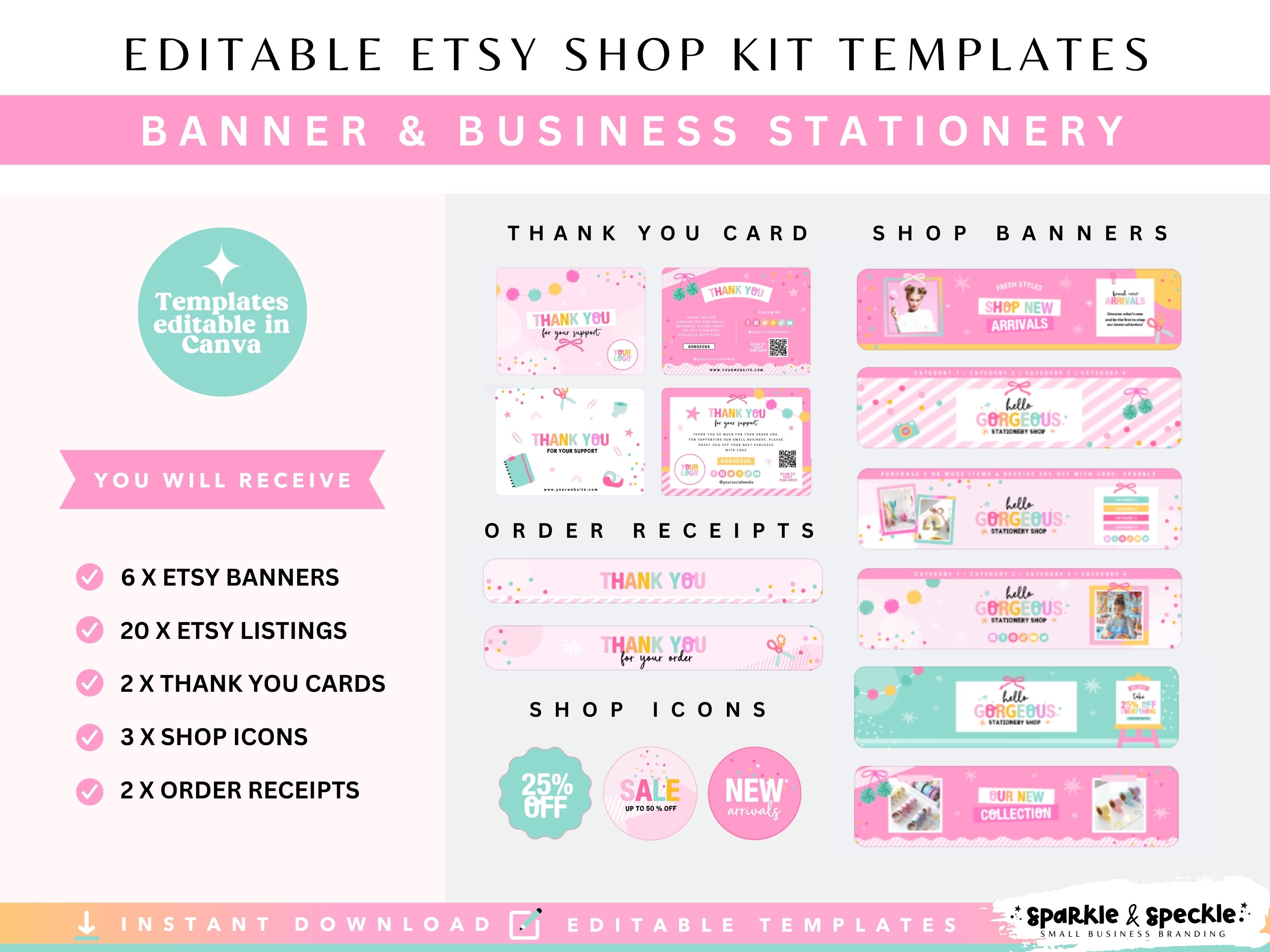 Editable Craft Etsy Shop Kit templates in Canva showing customizable Etsy banners and a cohesive Etsy storefront for handmade businesses.