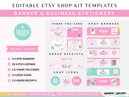 Editable Craft Etsy Shop Kit templates in Canva showing customizable Etsy banners and a cohesive Etsy storefront for handmade businesses.