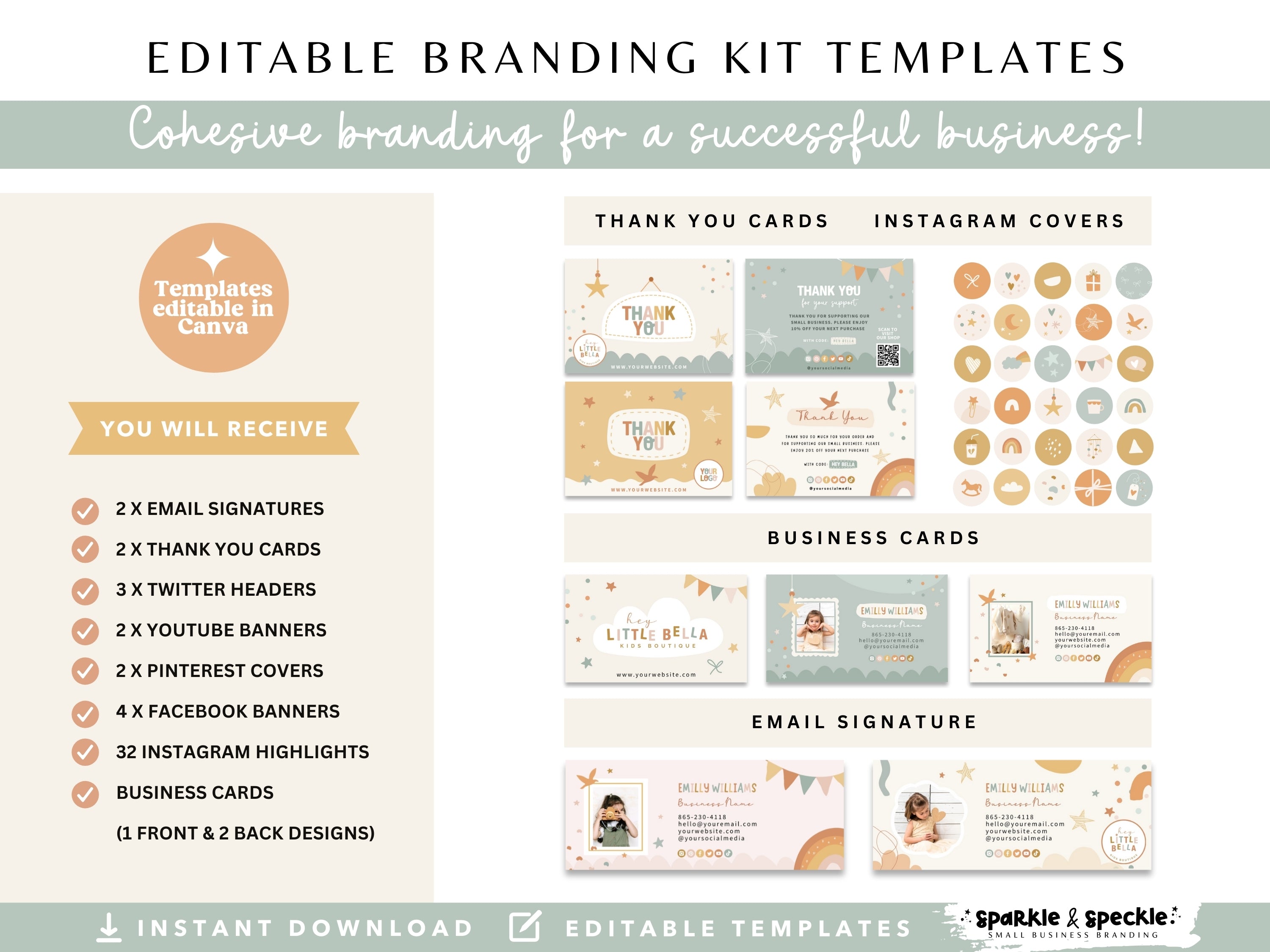 Kids Boutique Branding Kit including editable Canva business cards, thank you cards, social media graphics, email signatures, and branding templates for baby shops.
