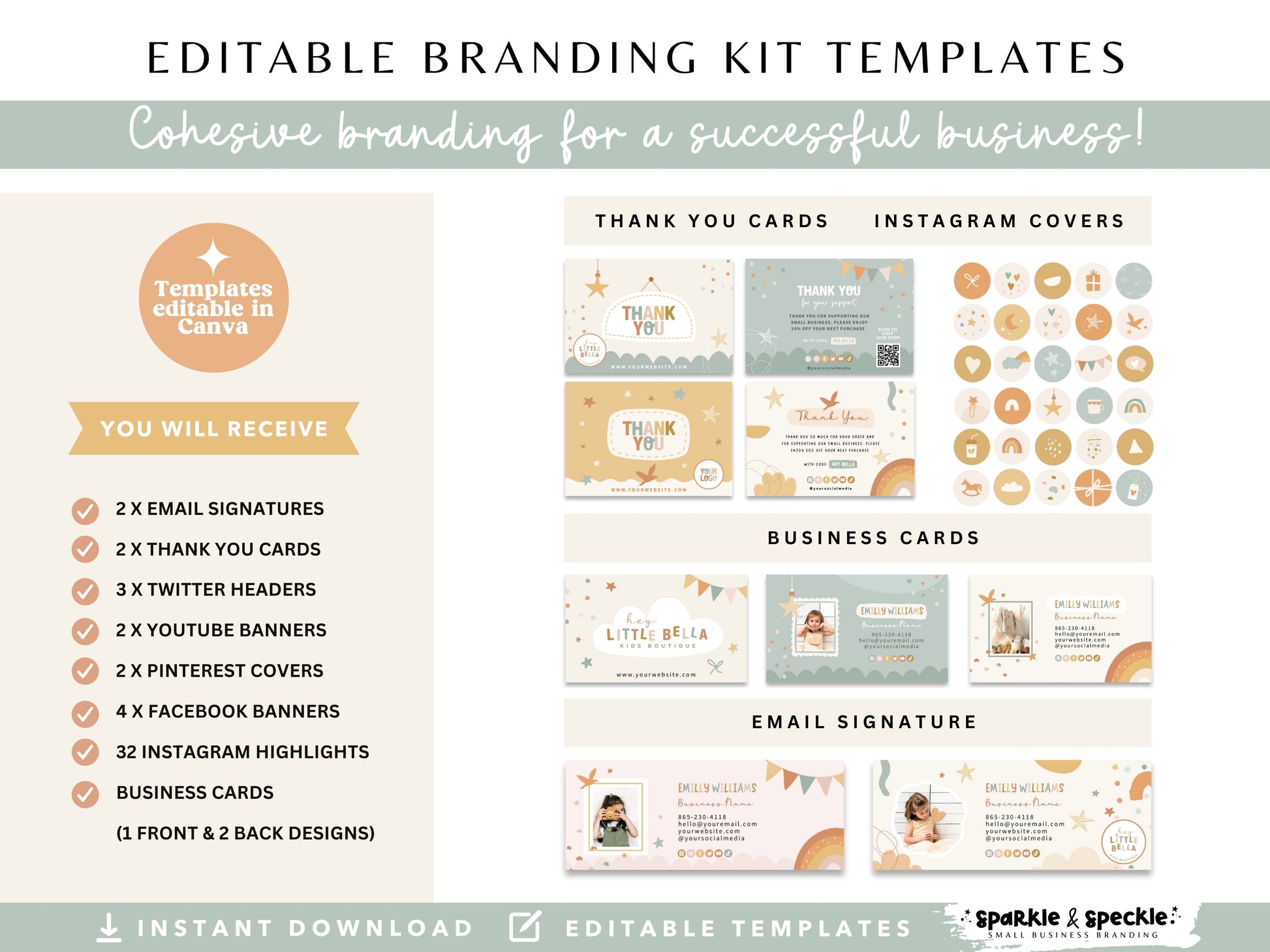 Kids Boutique Branding Kit including editable Canva business cards, thank you cards, social media graphics, email signatures, and branding templates for baby shops.