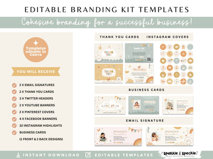 Kids Boutique Branding Kit including editable Canva business cards, thank you cards, social media graphics, email signatures, and branding templates for baby shops.