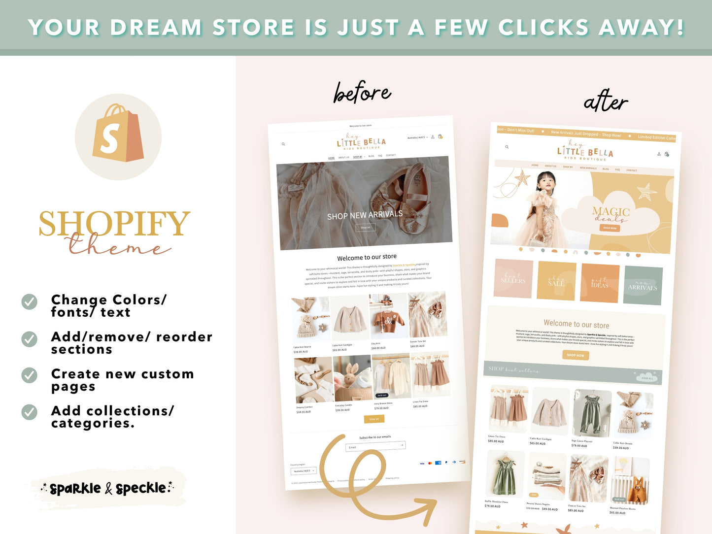 Before and after comparison showing a standard Shopify theme transformed into a colorful Kids Boutique Shopify Theme with custom branding, Canva banners, and premium design.
