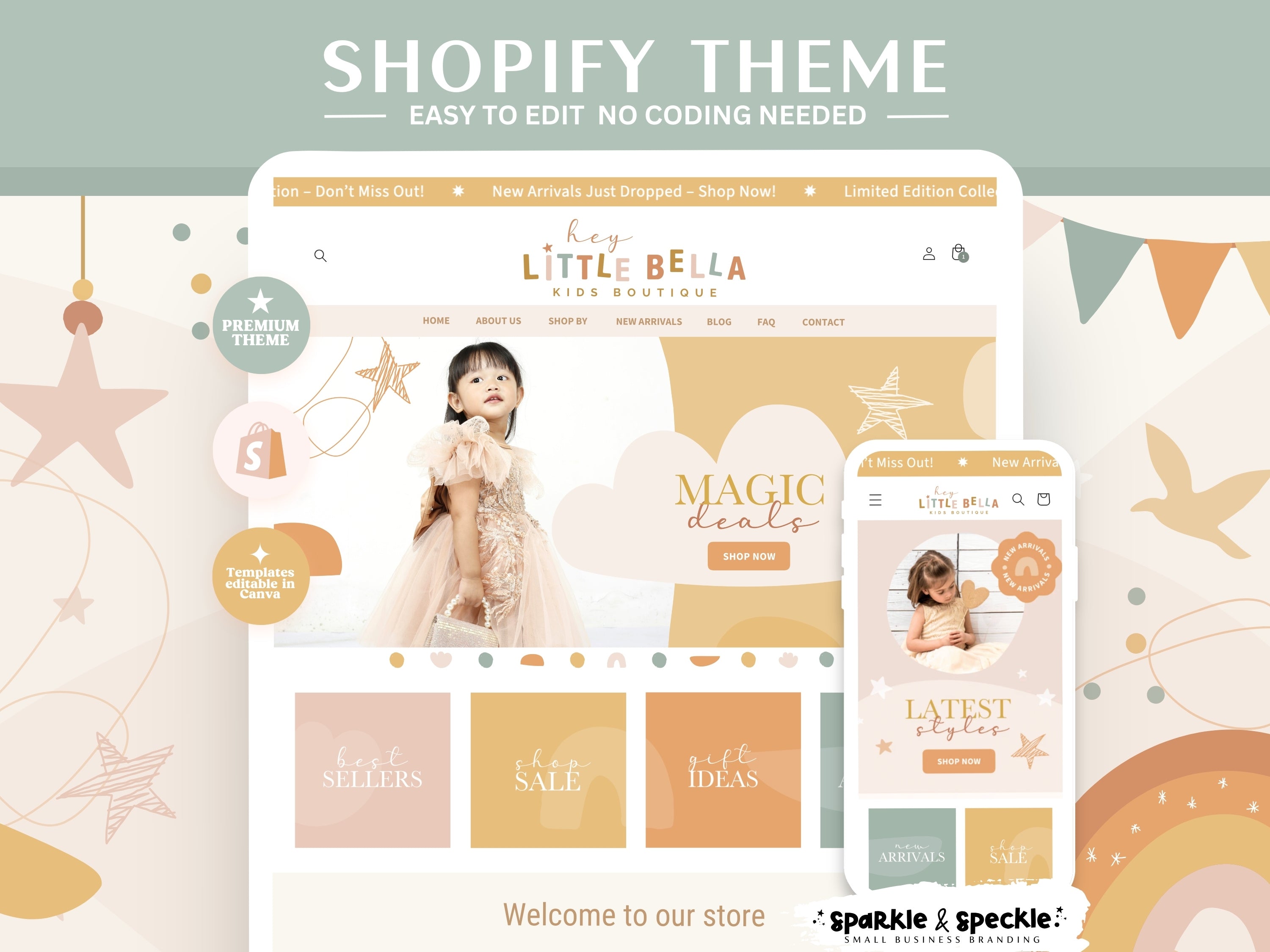 Kids Boutique Shopify Theme homepage shown on desktop and mobile devices with an earthy color palette, playful graphics, and fully responsive website design.