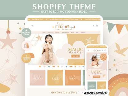 Kids Boutique Shopify Theme homepage shown on desktop and mobile devices with an earthy color palette, playful graphics, and fully responsive website design.