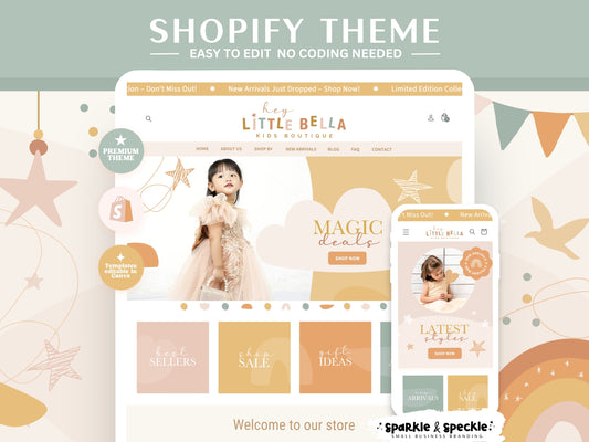 Kids Boutique Shopify Theme homepage shown on desktop and mobile devices with an earthy color palette, playful graphics, and fully responsive website design.