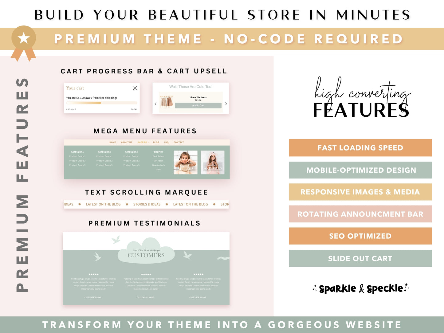 Kids Boutique Shopify Theme with premium built-in features including Mega Menu, Slide Cart, Link in Bio, SEO optimization, testimonials, announcement bar, and responsive design.