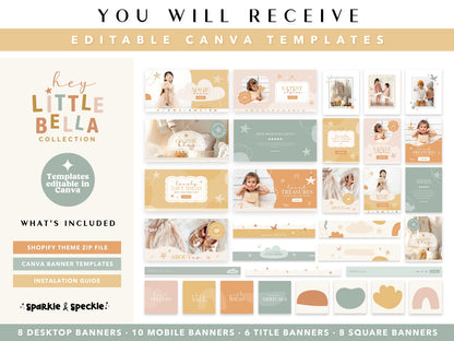 Editable Canva website banners included with the Kids Boutique Shopify Theme, featuring desktop, mobile, collection, and promotional banners with earthy graphics and playful illustrations.