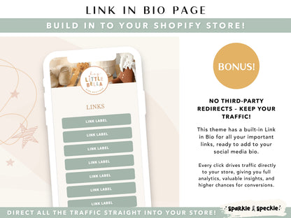 Built-in Link in Bio page included with the Kids Boutique Shopify Theme, helping drive social media traffic directly to your Shopify store.