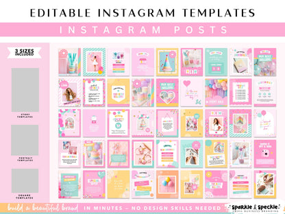 Collection of editable Party Instagram post templates designed in Canva for balloon businesses, event decorators, party planners, and celebration brands. Includes colorful square Instagram graphics for promotions, product launches, testimonials, announcements, booking information, seasonal campaigns, special offers, and engaging social media marketing content.