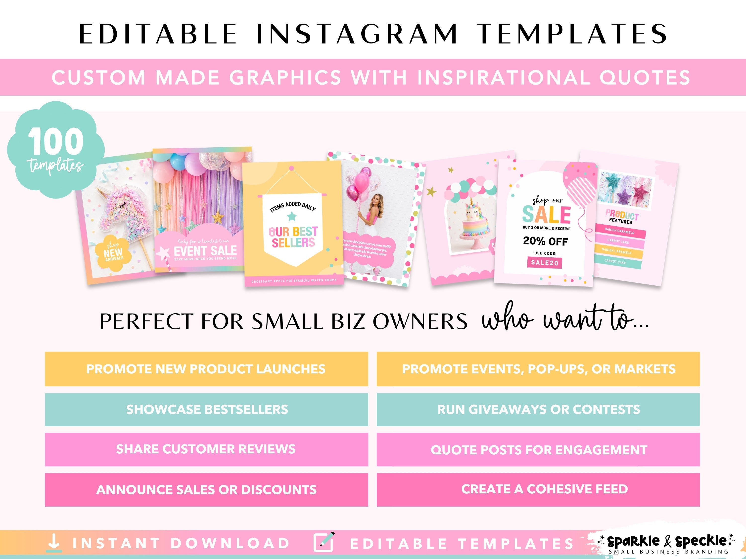 Party Instagram Template Bundle featuring 100 editable Canva Instagram templates, including promotional graphics, inspirational quotes, product features, customer reviews, sales announcements, giveaways, event promotions, booking reminders, business updates, and engagement posts. Designed for balloon businesses, party planners, and celebration brands wanting consistent social media branding.