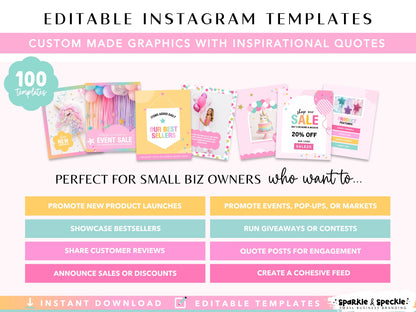 Party Instagram Template Bundle featuring 100 editable Canva Instagram templates, including promotional graphics, inspirational quotes, product features, customer reviews, sales announcements, giveaways, event promotions, booking reminders, business updates, and engagement posts. Designed for balloon businesses, party planners, and celebration brands wanting consistent social media branding.