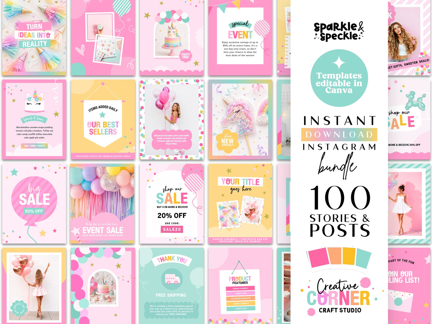 Editable Party Instagram Templates for Canva featuring 100 professionally designed Instagram posts and story templates for balloon businesses, party planners, event decorators, and celebration brands. The preview showcases colorful promotional graphics, product highlights, sales posts, customer reviews, announcements, and social media marketing templates designed to create a cohesive, eye-catching Instagram feed.