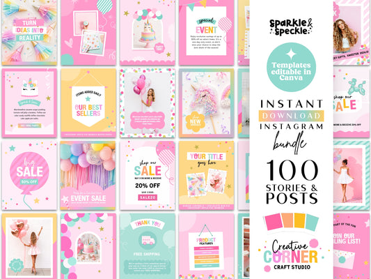 Editable Party Instagram Templates for Canva featuring 100 professionally designed Instagram posts and story templates for balloon businesses, party planners, event decorators, and celebration brands. The preview showcases colorful promotional graphics, product highlights, sales posts, customer reviews, announcements, and social media marketing templates designed to create a cohesive, eye-catching Instagram feed.
