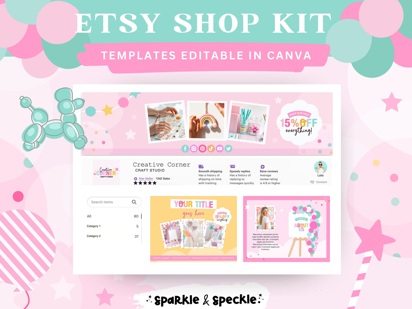 Party Etsy Shop Kit with editable Canva templates for balloon businesses featuring Etsy banners, listing templates, and colorful Etsy shop branding