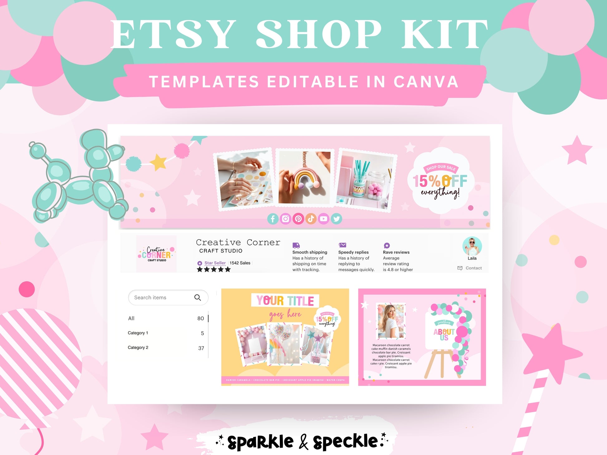 Party Etsy Shop Kit with editable Canva templates for balloon businesses featuring Etsy banners, listing templates, and colorful Etsy shop branding
