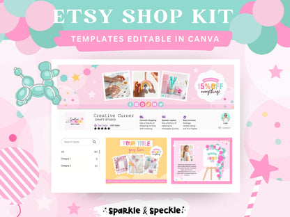 Party Etsy Shop Kit with editable Canva templates for balloon businesses featuring Etsy banners, listing templates, and colorful Etsy shop branding