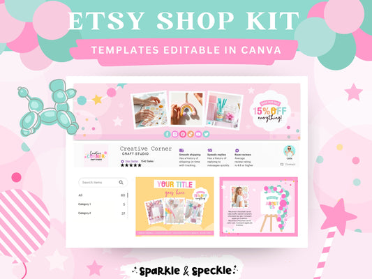 Party Etsy Shop Kit with editable Canva templates for balloon businesses featuring Etsy banners, listing templates, and colorful Etsy shop branding