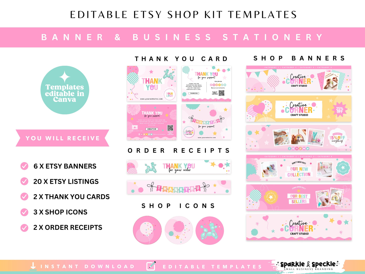 Party Etsy Shop Kit including Etsy banners, listing templates, thank you cards, shop icons, order receipts, and editable Canva branding templates.