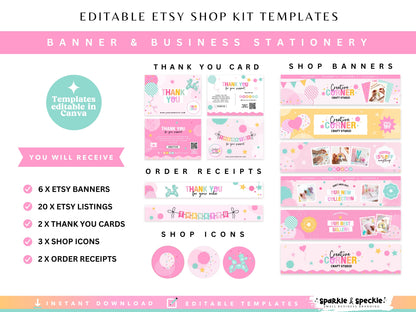 Party Etsy Shop Kit including Etsy banners, listing templates, thank you cards, shop icons, order receipts, and editable Canva branding templates.