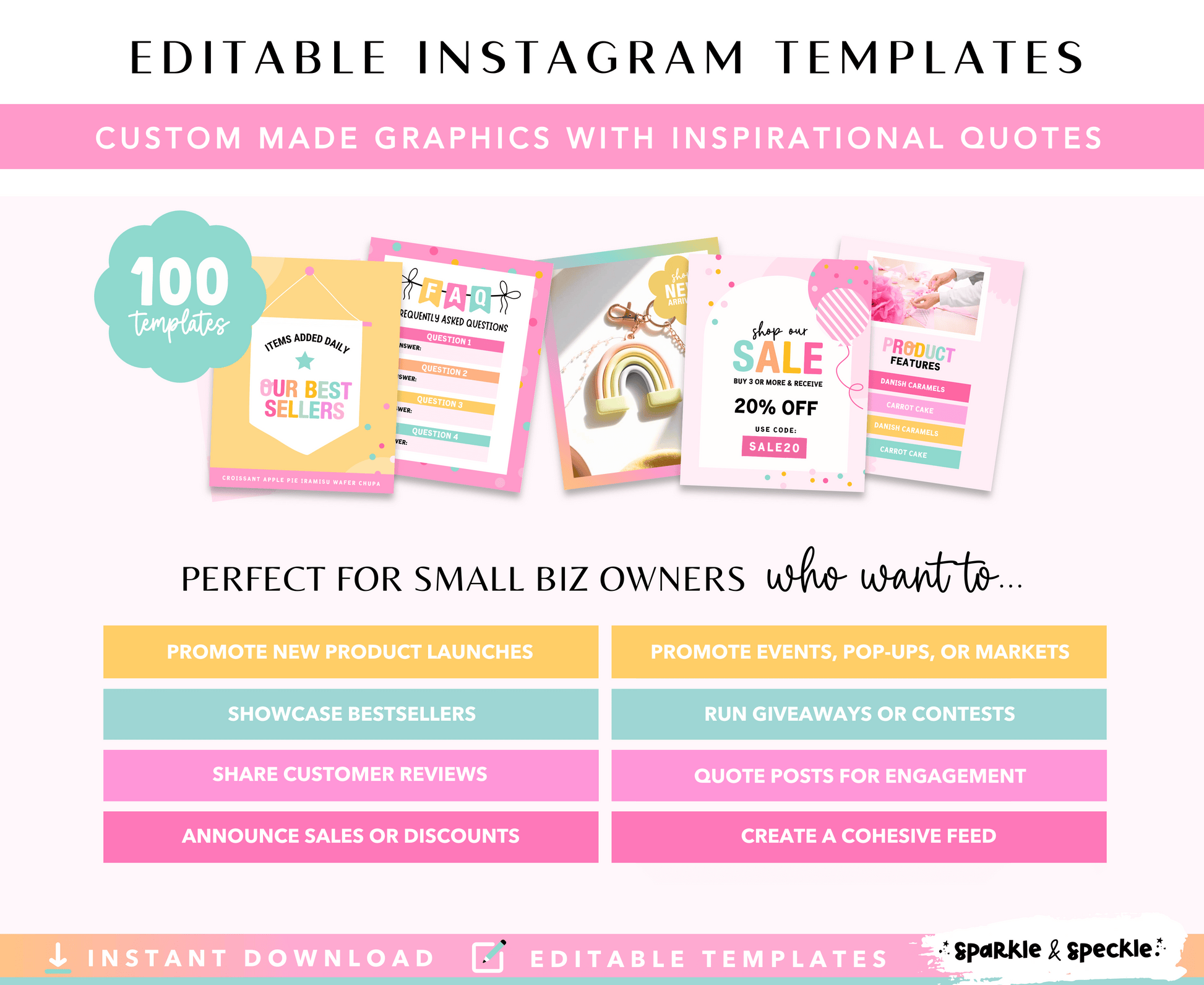 Party Instagram Template Bundle featuring 100 editable Canva Instagram templates, including promotional graphics, inspirational quotes, product features, customer reviews, sales announcements, giveaways, event promotions, booking reminders, business updates, and engagement posts. Designed for balloon businesses, party planners, and celebration brands wanting consistent social media branding.