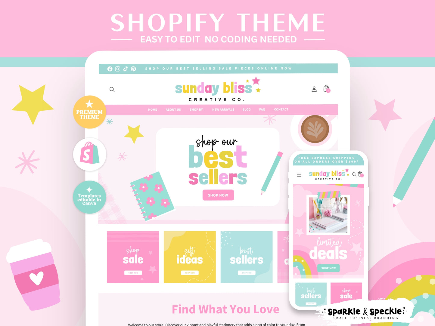Shopify theme with colorful design on a pink background