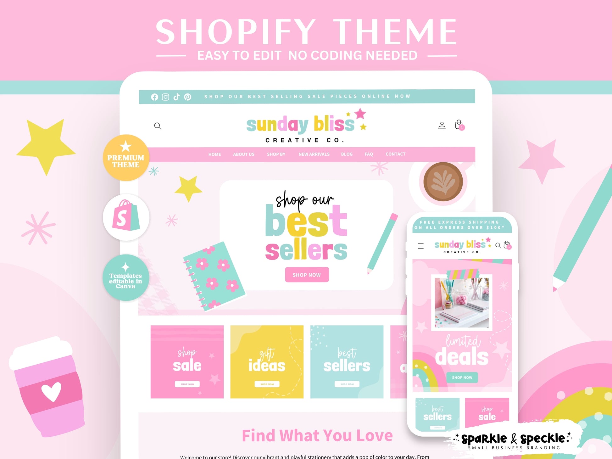 Shopify theme with colorful design on a pink background