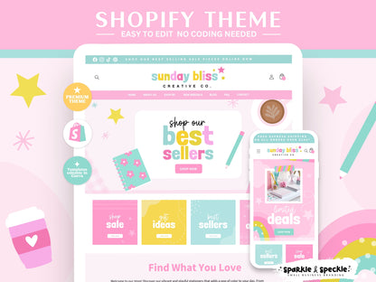 Shopify theme with colorful design on a pink background