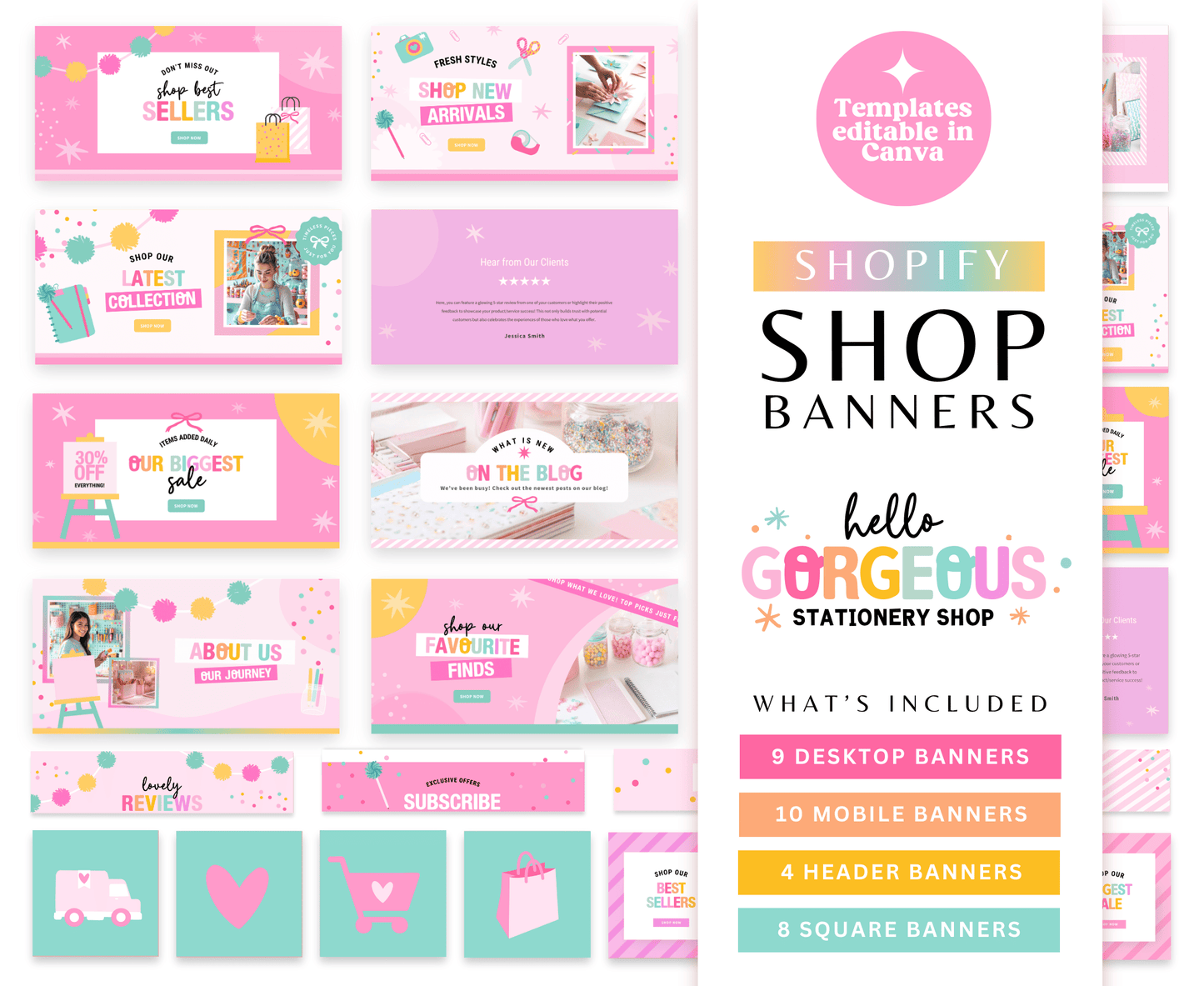 Image is showing what is  included, editable Craft business Canva website banner templates for desktop and mobile. Includes blog banners, about us banners, home page banners, contact, FAQ banners and link in bio banners.
