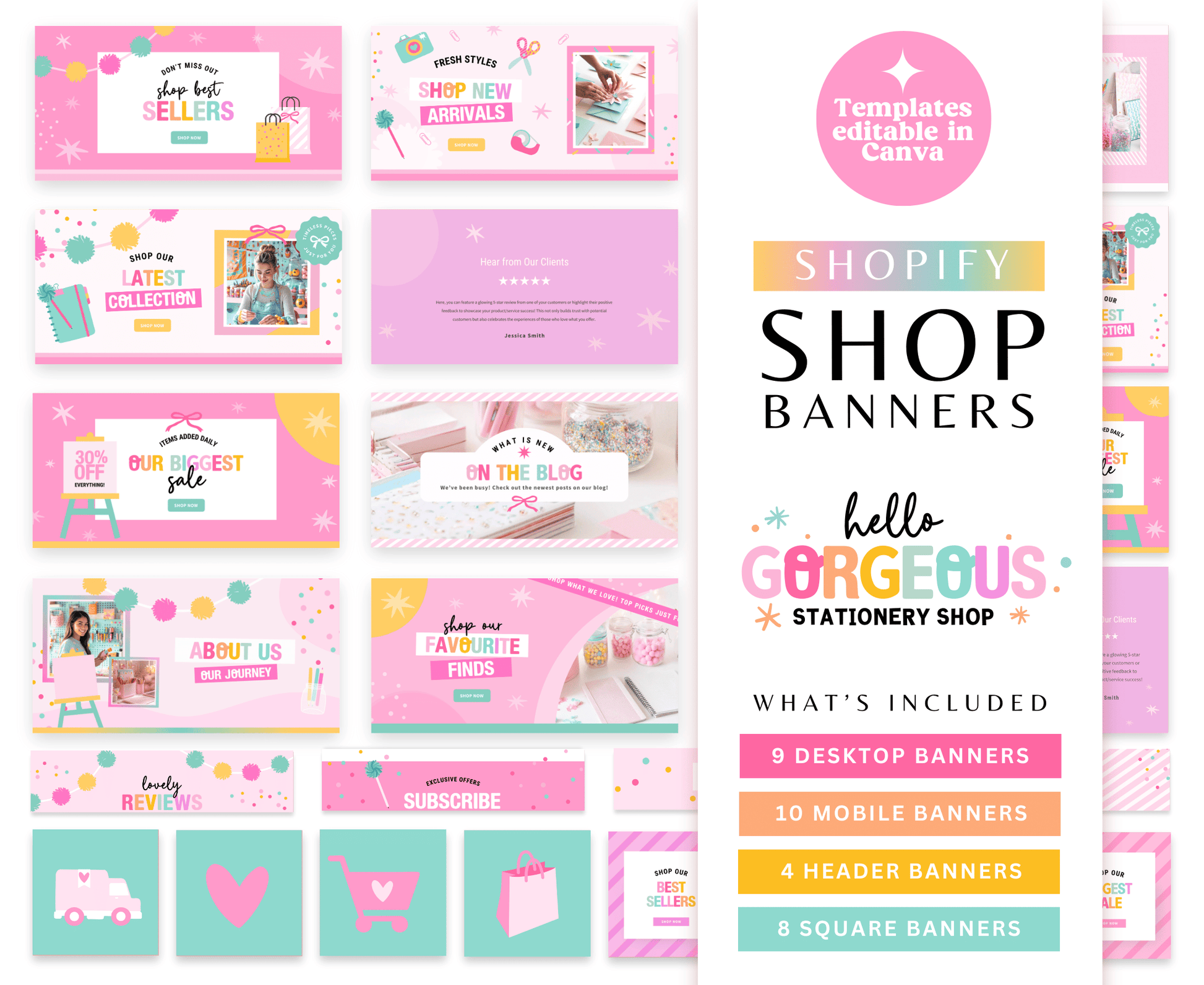 Image is showing what is  included, editable Craft business Canva website banner templates for desktop and mobile. Includes blog banners, about us banners, home page banners, contact, FAQ banners and link in bio banners.