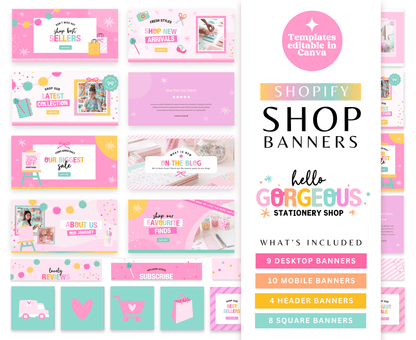 Image is showing what is  included, editable Craft business Canva website banner templates for desktop and mobile. Includes blog banners, about us banners, home page banners, contact, FAQ banners and link in bio banners.