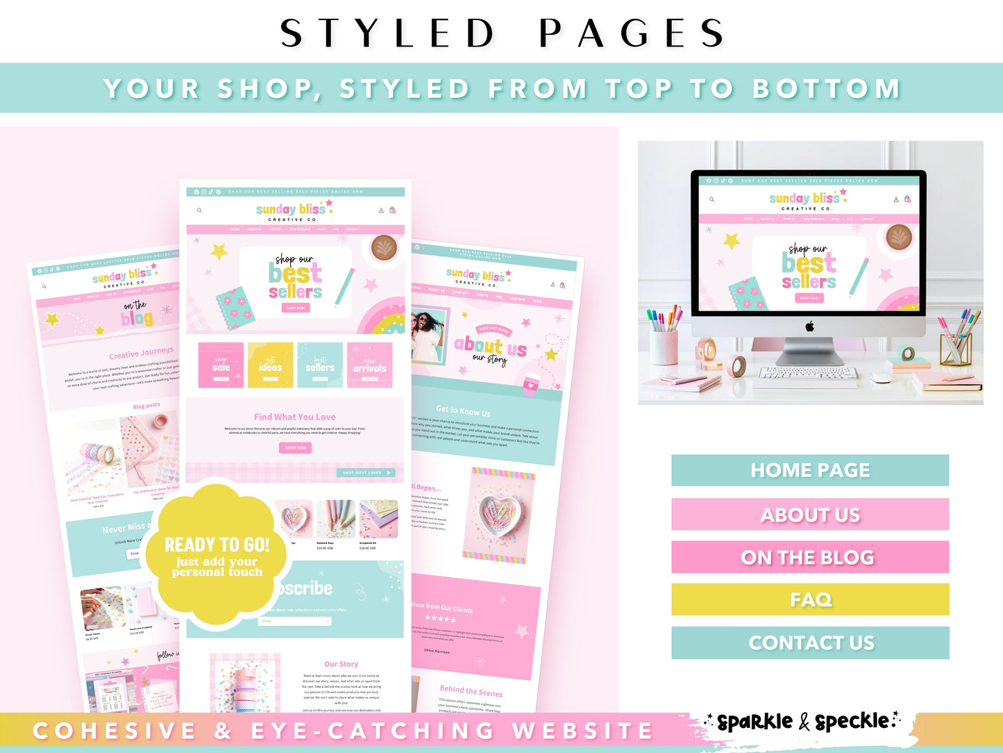 Images of pastel styled pages designed for Shopify