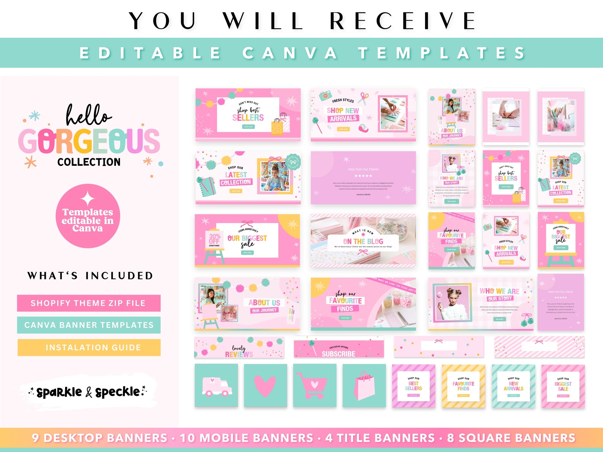 See everything included with this Craft Shopify Theme, including editable Canva website banner templates for desktop and mobile. Includes collection pages, blog banners, Shopify theme ZIP file and step-by-step installation guide.