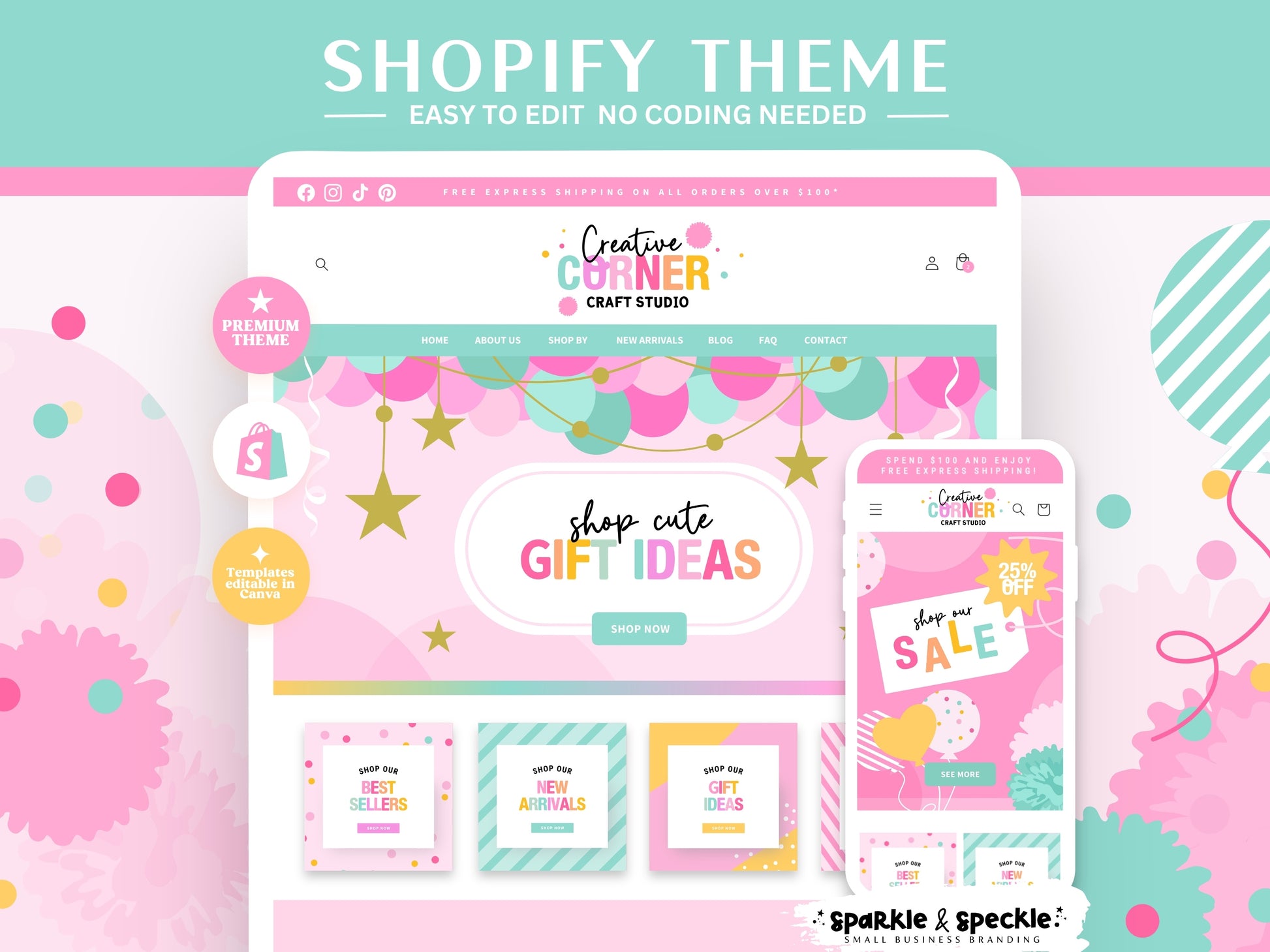 Colorful Party Shopify Theme with responsive desktop and mobile layouts, editable Canva website banners, modern ecommerce design for party and balloon businesses.