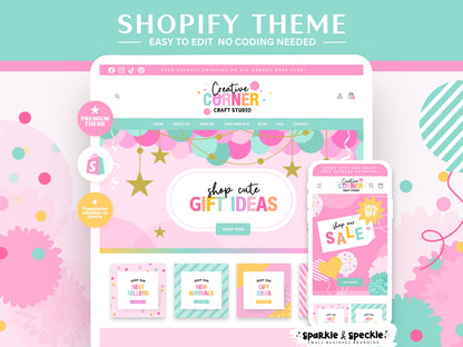Colorful Party Shopify Theme with responsive desktop and mobile layouts, editable Canva website banners, modern ecommerce design for party and balloon businesses.