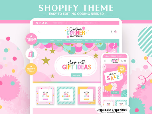 Colorful Party Shopify Theme with responsive desktop and mobile layouts, editable Canva website banners, modern ecommerce design for party and balloon businesses.