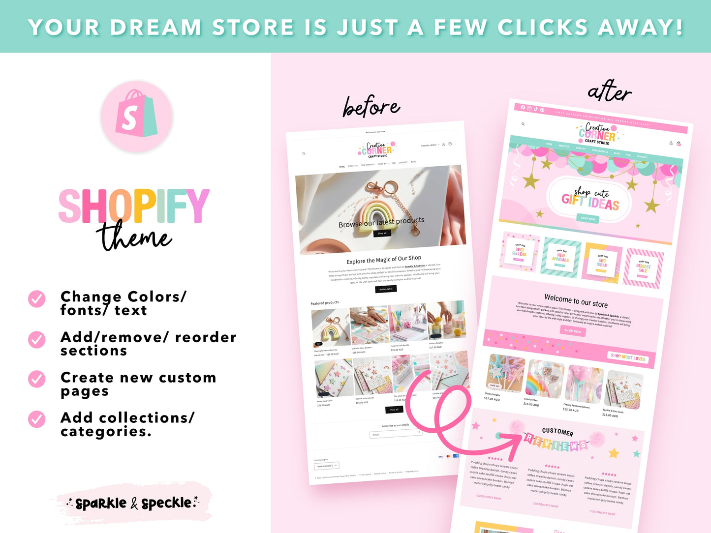 Before and after Shopify store makeover Before and after Shopify store makeover showing standard Shopify theme and then transformation to a beautiful cohesive colorful Party Shopify Theme.with editable sections, custom pages, collections, and professional ecommerce design.
